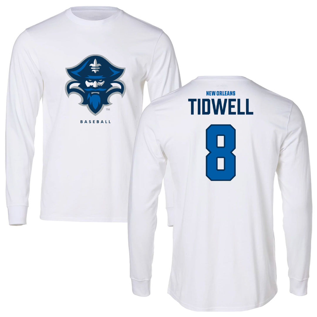 University of New Orleans Baseball White Long Sleeve - #8 Eli Tidwell